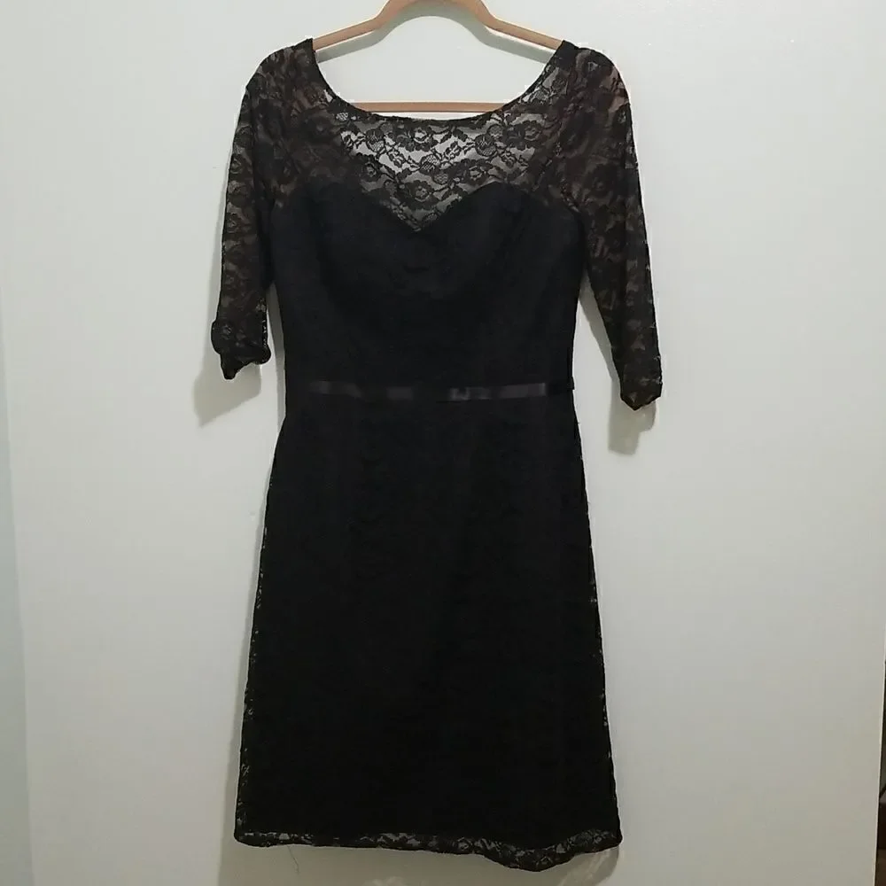 WTOO by Watters & Watters, modest black lace dress, size 8. EUC